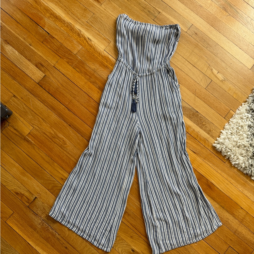 Blue and White Striped Strapless Jumpsuit